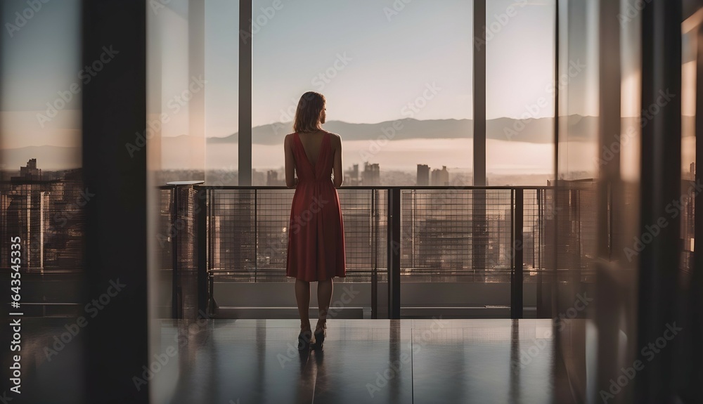 Successful woman standing on luxury balcony, back view of rich female silhouette at sunset 