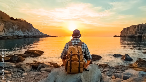 Wanderlust travel, tourist with backpack sitting near the sea, man enjoying sunset, solo traveler backpacker.