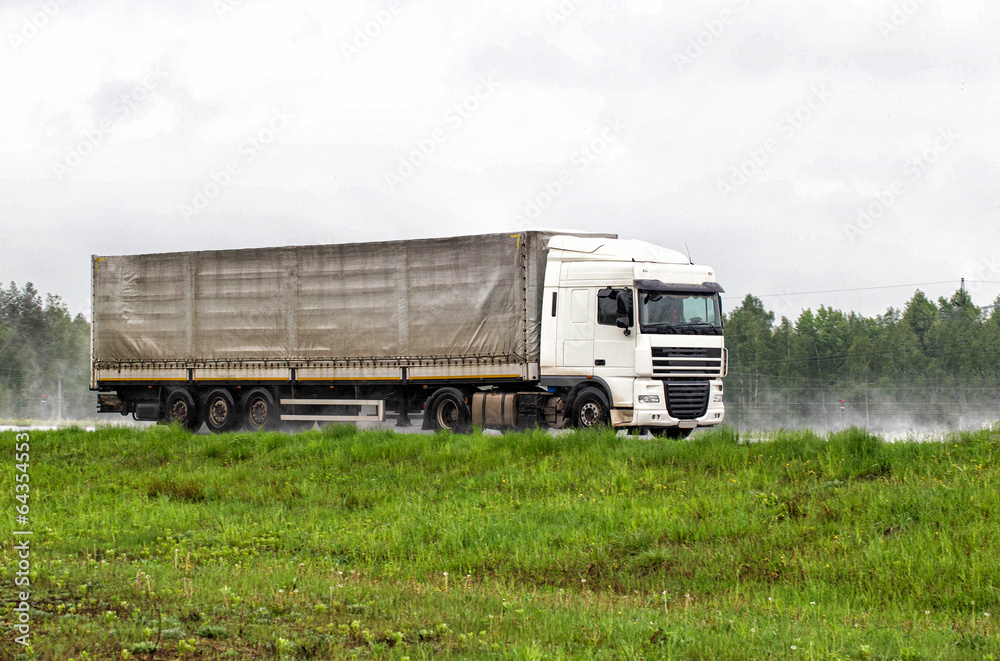 A truck with a semi-trailer transports cargo in the summer on a motorway in rainy weather. Copy space for text A truck with a semi-trailer transports cargo in the summer on a motorway in rainy weather. Copy space for text
