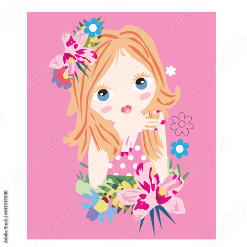 flower with cute girls print vector art