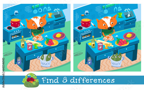 Find 8 hidden differences. Educational game for children. Puzzle game in cartoon style. Father fox cooking pie in kitchen. Funny cartoon character. Vector illustration.