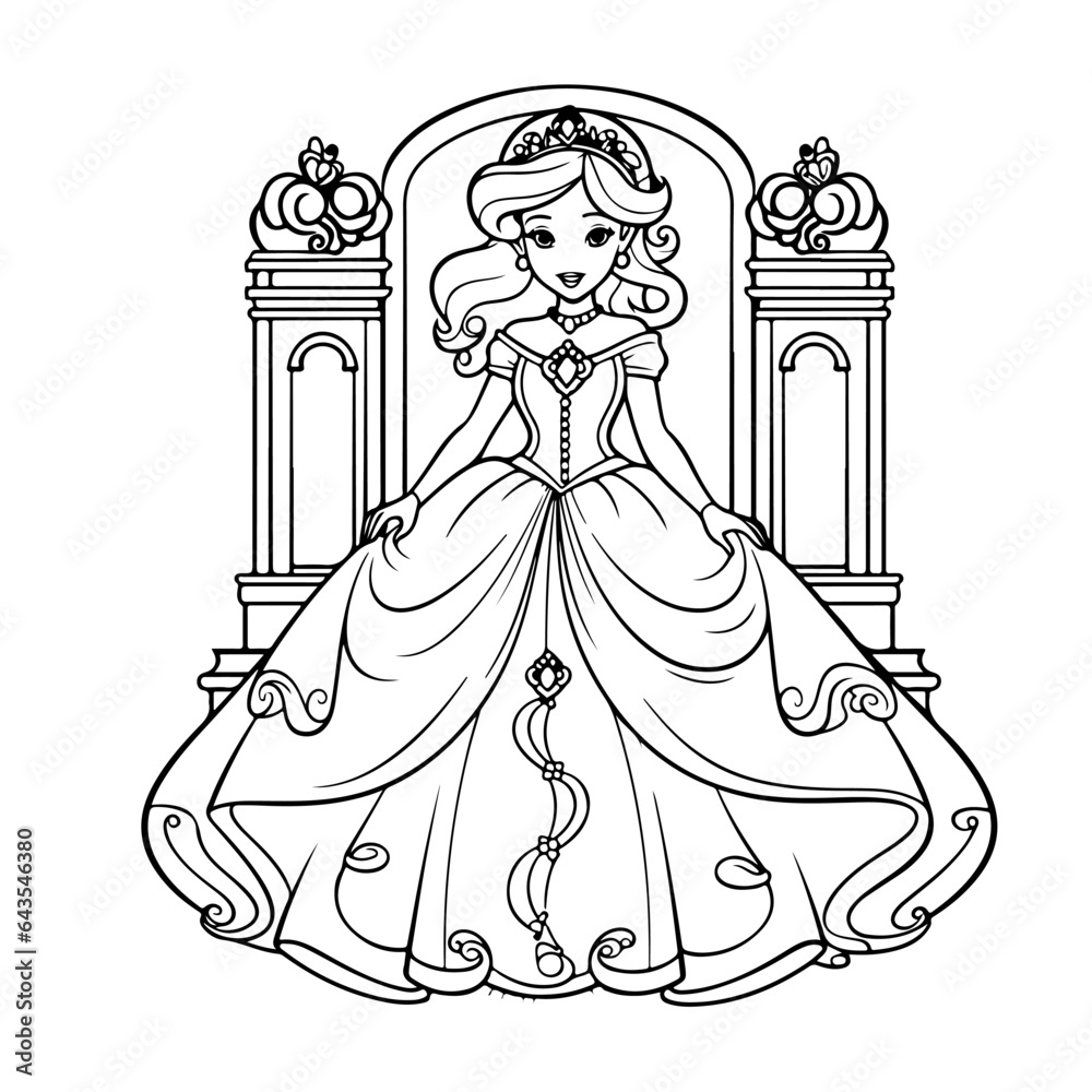 Princess coloring page for your design. Coloring book for preschool
