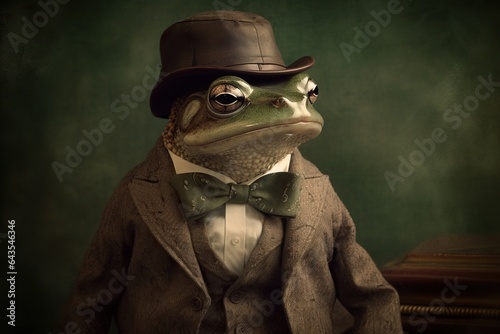 Studio photo portrait of frog dressed in 19th century 
