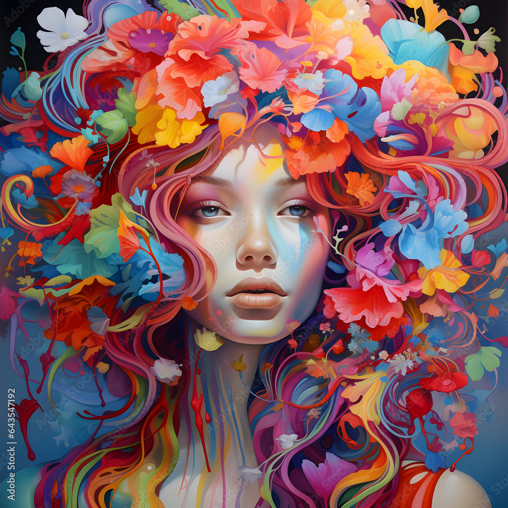 Portrait of a Woman with Flower Hair, Rainbow Model, Colorful Girl, Young Lady with Make-up, Carnival Makeup - AI Generative