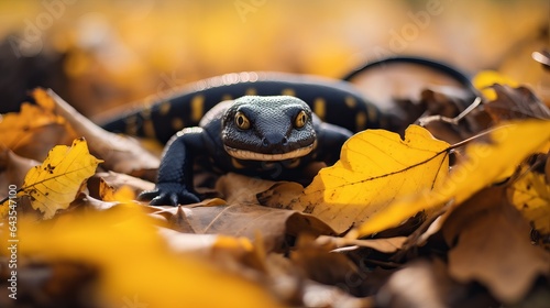 focusing on a black and yellow fire salamander in a rural setting as it crawls on withered leaves