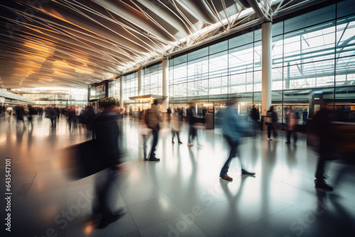 Airport Terminal with People in Motion, Fast Moving Motion Blur, Soft Focus - Global Transit - AI Generated