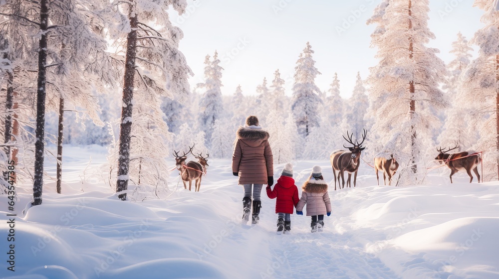 In Finland's Lapland forest, a mother and her children are on a reindeer safari. In Finland's Lapland forest, a mother and her children are on a reindeer safari.