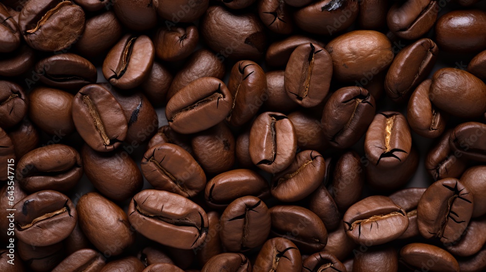 Fototapeta premium Overhead view of a backdrop featuring two dark-brown, fragrant coffee beans