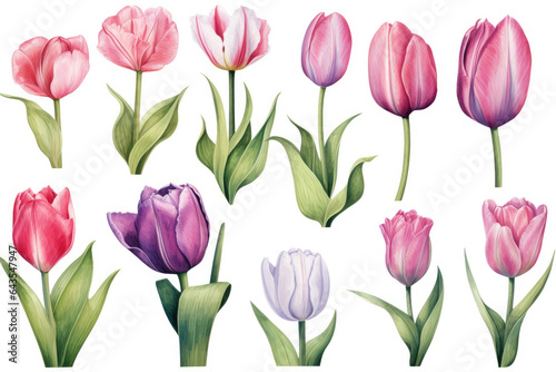 Watercolor image of a set of tulip flowers on a white background © Venka