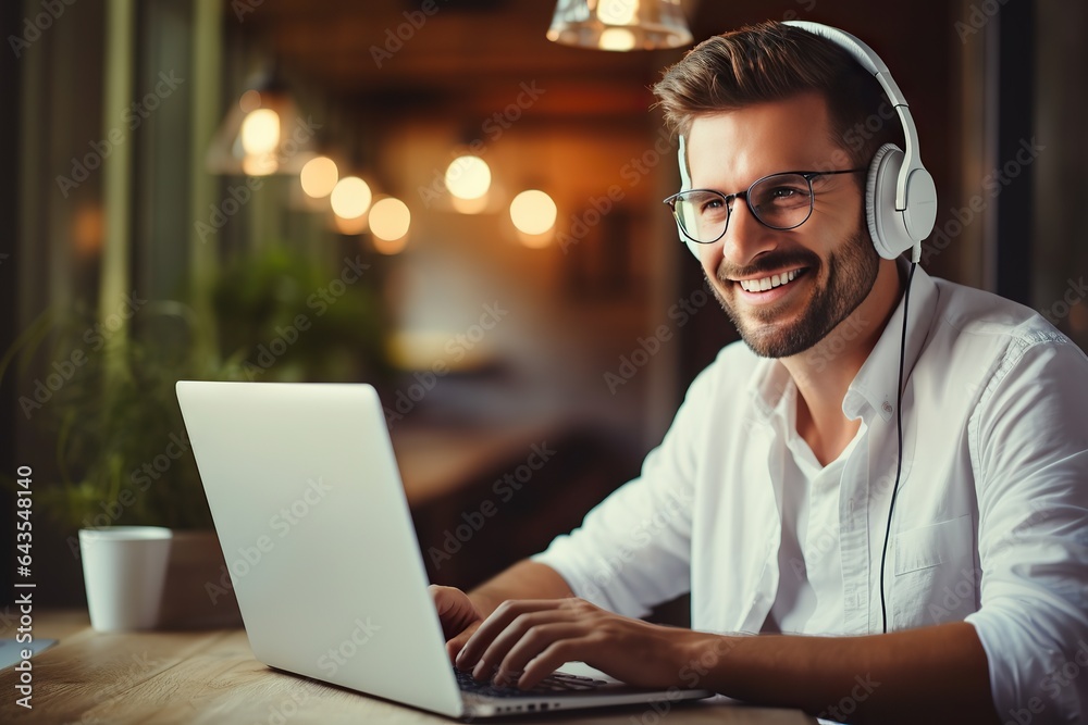 Caucasian man in headphones glasses sit at desk work on laptop making notes. Happy millennial male in earphones watch webinar or training course or computer, study online from home.. Caucasian man in headphones glasses sit at desk work on laptop making notes. Happy millennial male in earphones watch webinar or training course or computer, study online from home..