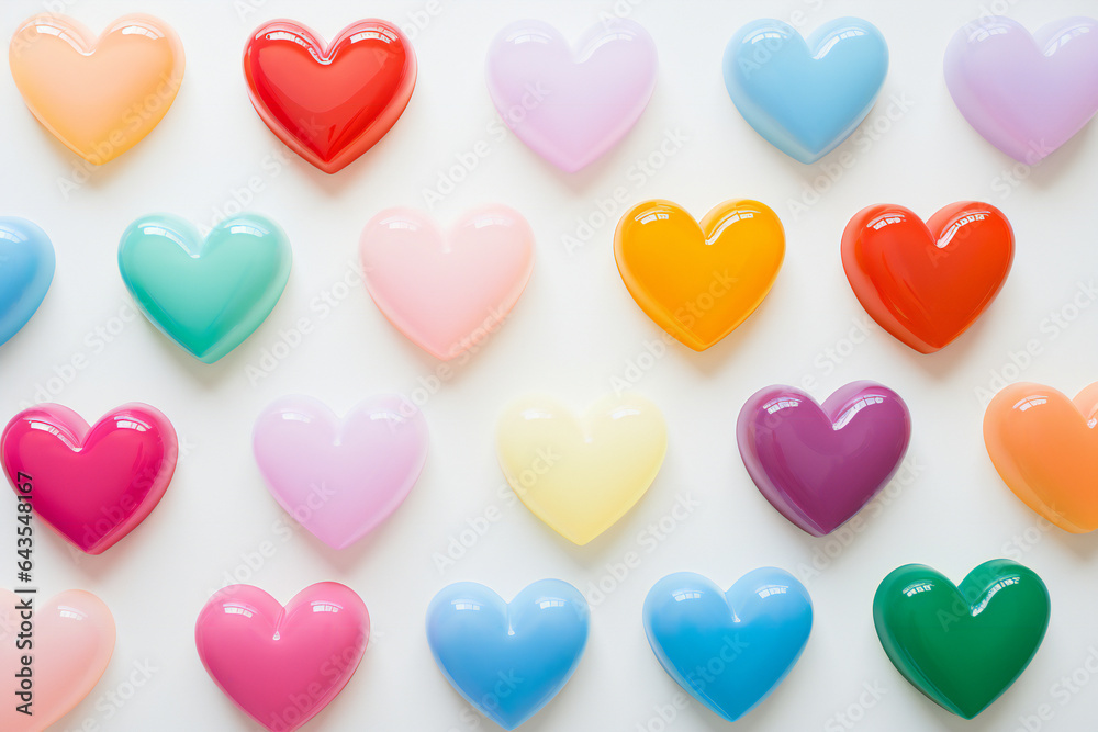 pattern of hearts. Colorful Plastic Hearts on White Background: Versatile Backdrop Suitable for Valentine's Day, Mother's Day, and Other Love-Related Occasions with Copy Space