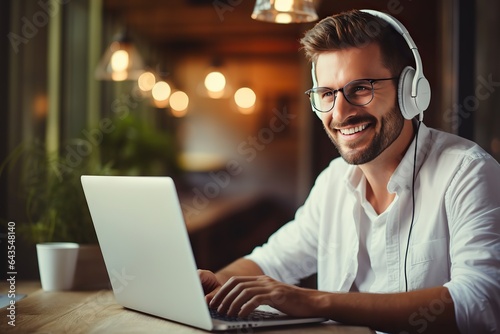 Caucasian man in headphones glasses sit at desk work on laptop making notes. Happy millennial male in earphones watch webinar or training course or computer, study online from home..