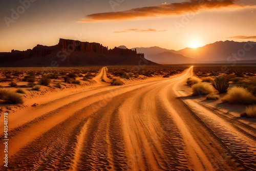Dirt road in the desert at sunset. Landscape of desert. High quality photo Generative AI