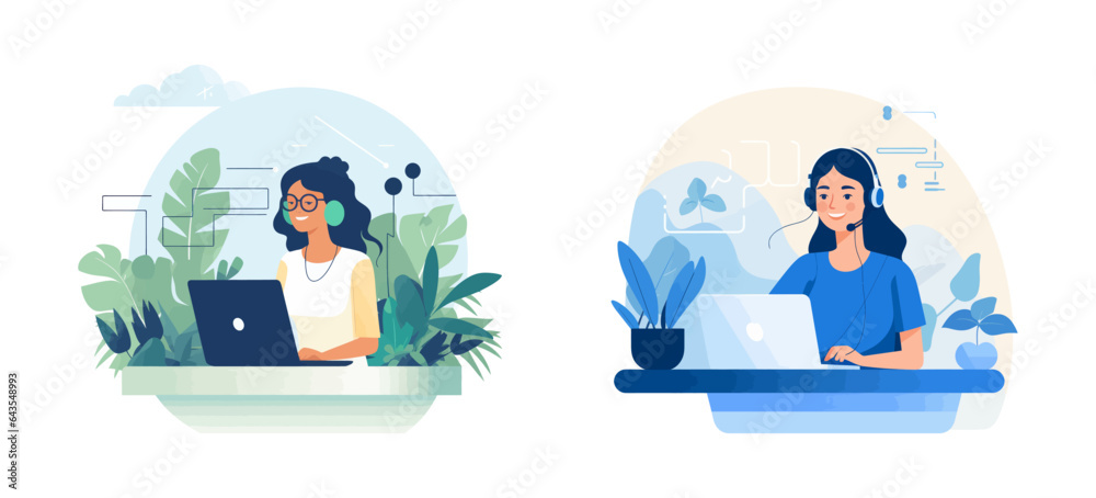 Woman with phone calling to customer support service. Vector illustration.
