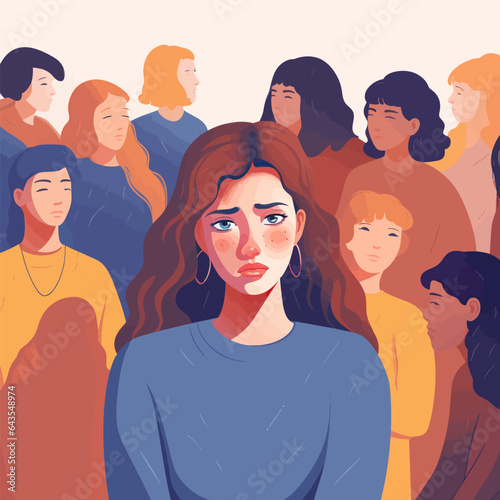 Sad girl with group of people. Vector illustration in cartoon style.