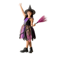 Cute asian girl Wear witch clothes with a broom Halloween concept, Standing posing full body portrait isolated on white and transparent background