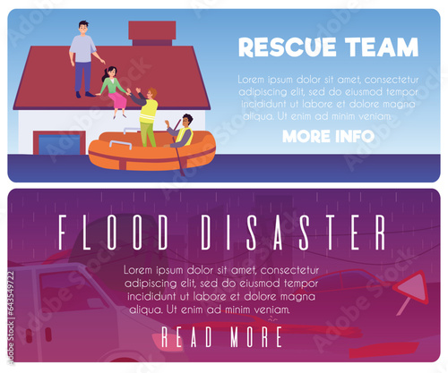 Emergency evacuation victims of flood disasters, people rescue from storm on boat, flooded city street vector flyers set