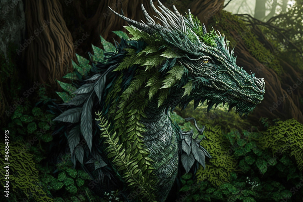 Ancient forest dragon covered with green plants generative ai - obrazy, fototapety, plakaty 