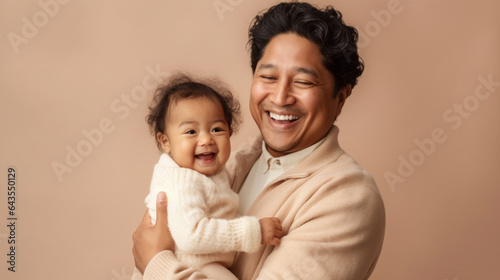 Smiling father embraces his adorable child. Generative AI