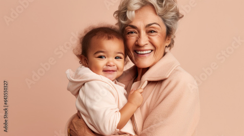 Grandmother and grandkid in a joyful pose. Generative AI