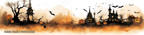 Halloween landscape on a white background. Castles, fog and bats flying. Generative AI