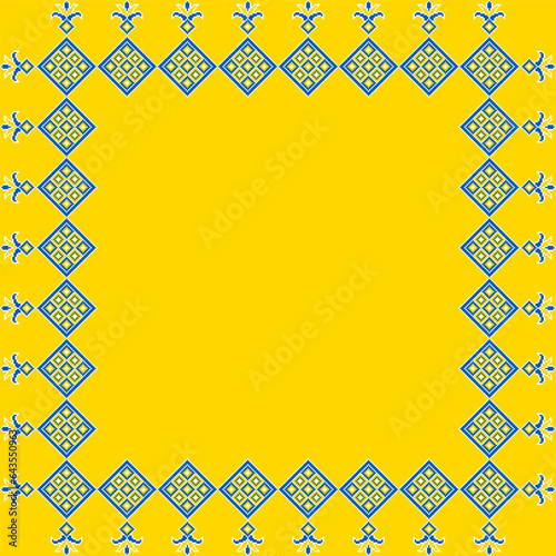 Vector illustration of Ukrainian ornament in ethnic style, identity, vyshyvanka, embroidery for print clothes, websites, banners. Background. Geometric design, border, copy space, frame