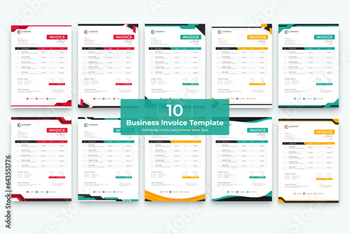 Unique abstract style business invoice Bundle. 10 Creative Invoice Template Paper Sheet Include Accounting, Price, Tax, and Quantity. With color variation Vector illustration of Finance (ID: 643551776)