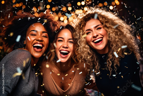 Three funny girls celebrating new year's eve with confetti and sparklers