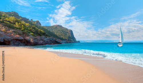 Fototapeta Naklejka Na Ścianę i Meble -  Beach of Cleopatra with sea and rocks of Alanya peninsula - Antalya, Turkey 