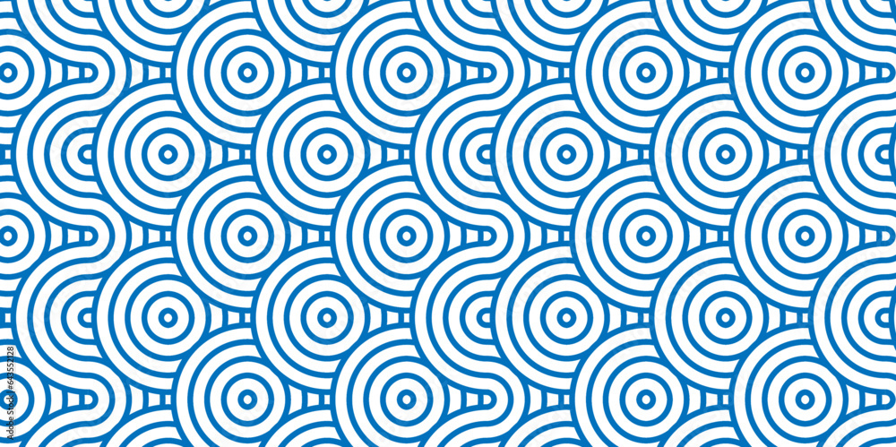 Seamless geometric ocean spiral pattern and abstract circle wave lines. blue seamless tile stripe geomatics overloping create retro square line backdrop pattern background. Overlapping Pattern.