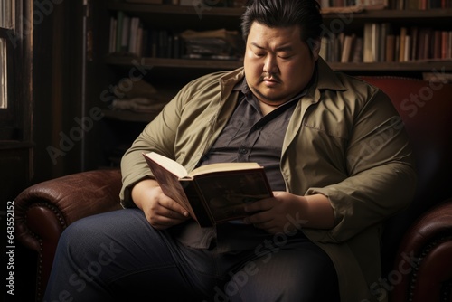 Overweight Asian Man Reading A Book . Сoncept Overweight Asian Men, Reading Benefits, Asian Representation, Mental Health Awareness