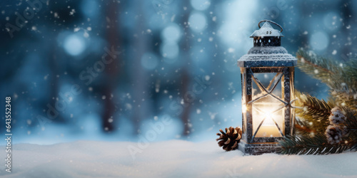 Old christmas candle lantern in snowfall against bokeh forest background. Selective focus and shallow depth of field. © ekim