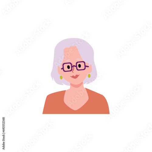 Portrait of an old woman with eyeglasses, vector cartoon avatar housewife pensioner, gray-haired mother, grandmother