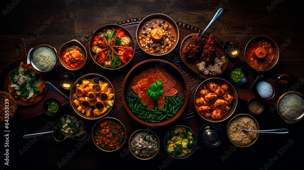 set of different dishes on black background