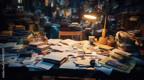 a messy and lived-in workspace, with scattered papers, open books, and creative materials strewn across the desk.
