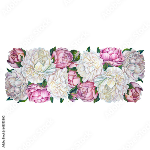 Fototapeta Naklejka Na Ścianę i Meble -  Isolated composition of white and pink peonies. Oil painting. Bouquet of flowers. For wedding cards, fabric,wallpaper, textiles.