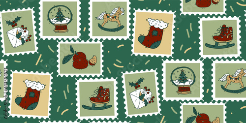 A pattern of cute hand-drawn postage stamps with Christmas and New Year paraphernalia, tangerines, a sock, a snow globe, skates. Fashionable vector illustrations in cartoon retro style with a outline