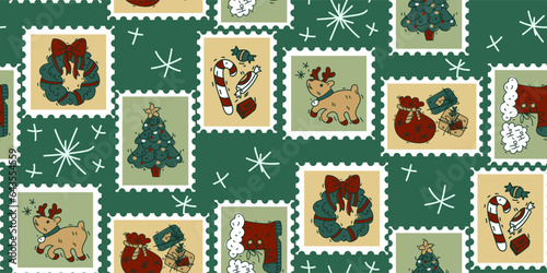 A pattern of cute hand-drawn postage stamps with Christmas and New Year paraphernalia deer, wreath, Christmas tree, candy. Fashionable vector illustrations in cartoon retro style with a bright outline