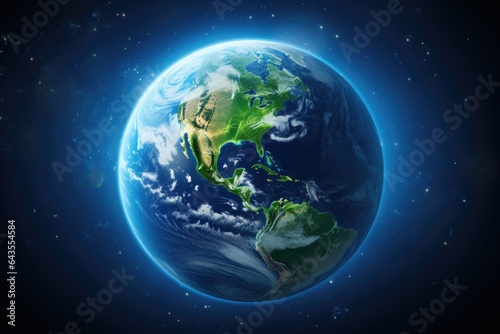 Full Earth planet against dark starry background, focused on North and South America.