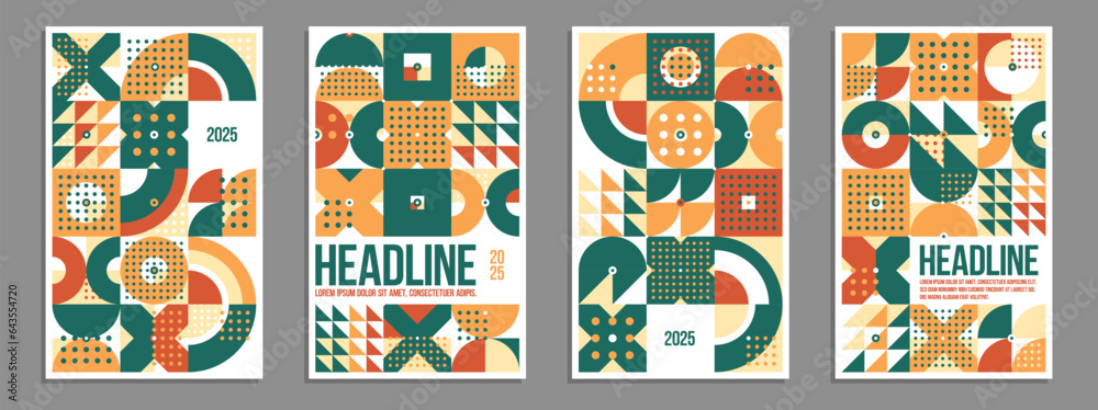Fototapeta premium Geometric vector posters and covers in Bauhaus style, layout for advertisement sheet, brochure or book cover, tiling mosaic pattern in traditional ceramic colors.