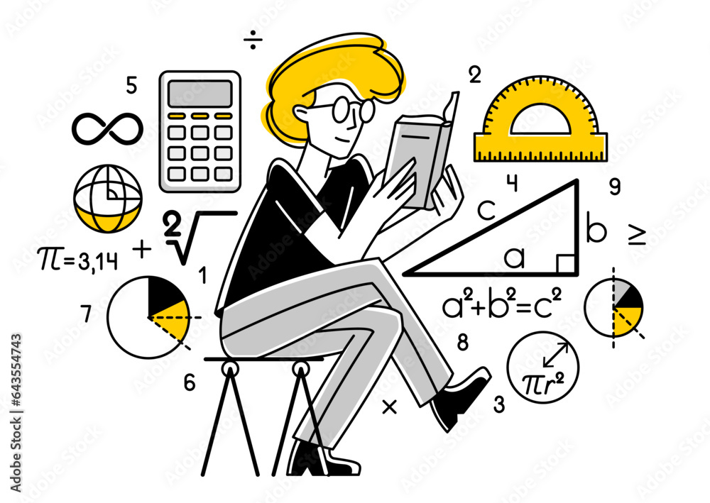 Mathematician working on some theoretical mathematics vector outline illustration, studying math in university, student learning or teacher explaining. - obrazy, fototapety, plakaty 