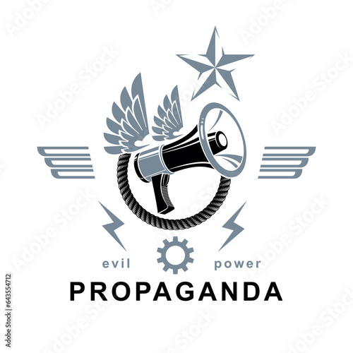 Vector winged logo composed with loudspeaker equipment surrounded by rope. Power of social message, propaganda as political agitation