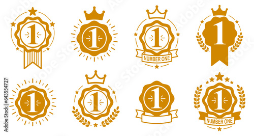 First place number one business success and triumph vector labels set isolated over white, graphic design elements, geometric vintage classic emblems collection, simplistic old style icons.