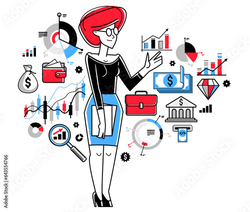 Financier analyzing financial data vector outline illustration, investment and budget issues, woman financial adviser, investor.