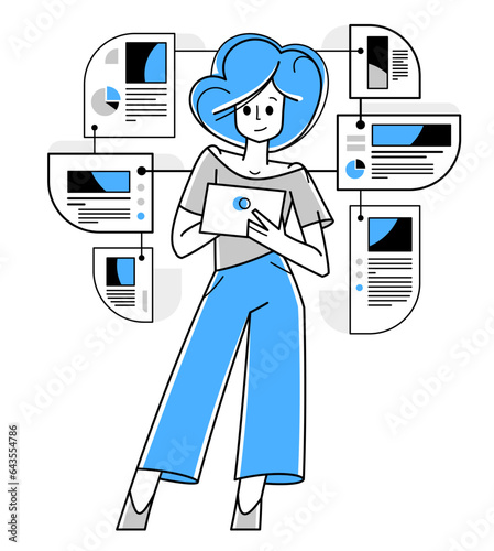 Woman intellectual worker making analysis of some data on pc or web, data systematization, collecting and analyzing information, vector outline illustration.