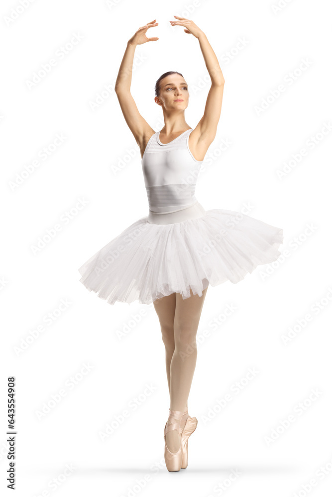Full length profile shot of a ballerina in a white dress dancing with arms up Full length profile shot of a ballerina in a white dress dancing with arms up