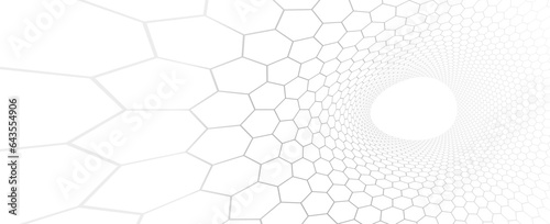 Technology vector abstract background with hexagons mesh, 3D abstraction of nanotechnology and science, electronics and digital style, wire net dimensional perspective.