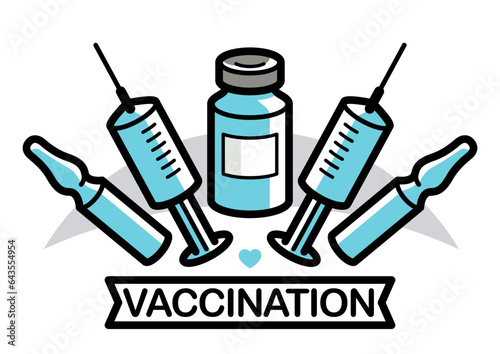 Vaccination theme vector illustration of a syringe with ampules and vial isolated over white, epidemic or pandemic coronavirus covid 19 or flu or SARS or any other vaccine, pharmacology concept.