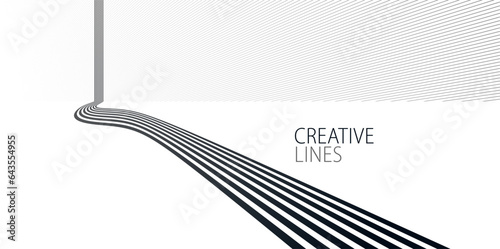 Linear composition vector road to horizon, abstract background with lines in 3D perspective, optical illusion op art, black and white monochrome.