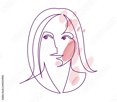 Woman beauty face vector linear illustration, delicate line art of attractive girl portrait, abstract feminine drawing minimal style isolated.